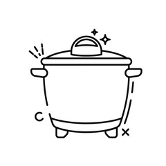 The image shows a cartoon illustration of a rice cooker. The rice cooker has a red main body with a yellow lid, handles, and base