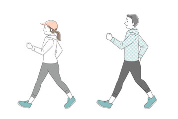 ウォーキングする中年の男女のシンプルイラスト