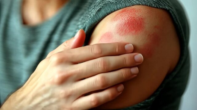 Person touching red rash on shoulder. Medical skin condition