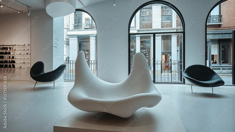 Poster minimalist furniture display in modern design studio featuring unique seating pieces and large windo