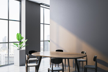 Modern dining room with wooden table and black chairs near large windows with city view. 3D Rendering
