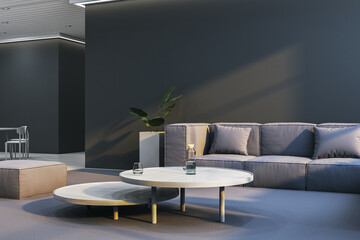 Modern living room interior with minimalist furniture and soft lighting. 3D Rendering