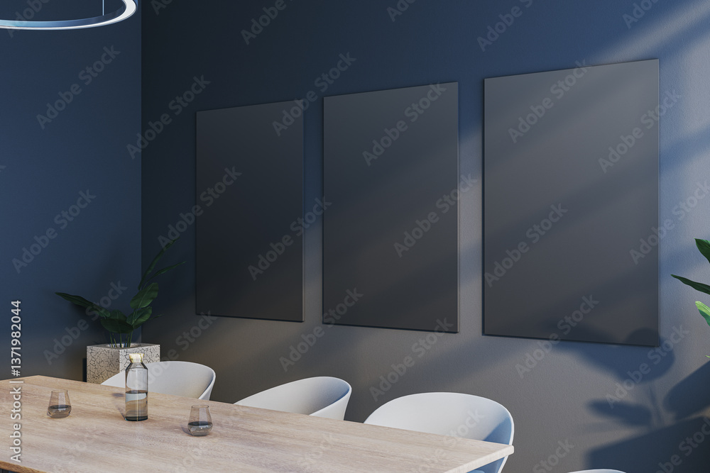Poster modern dining room with three black mockup canvases on dark wall. 3d rendering