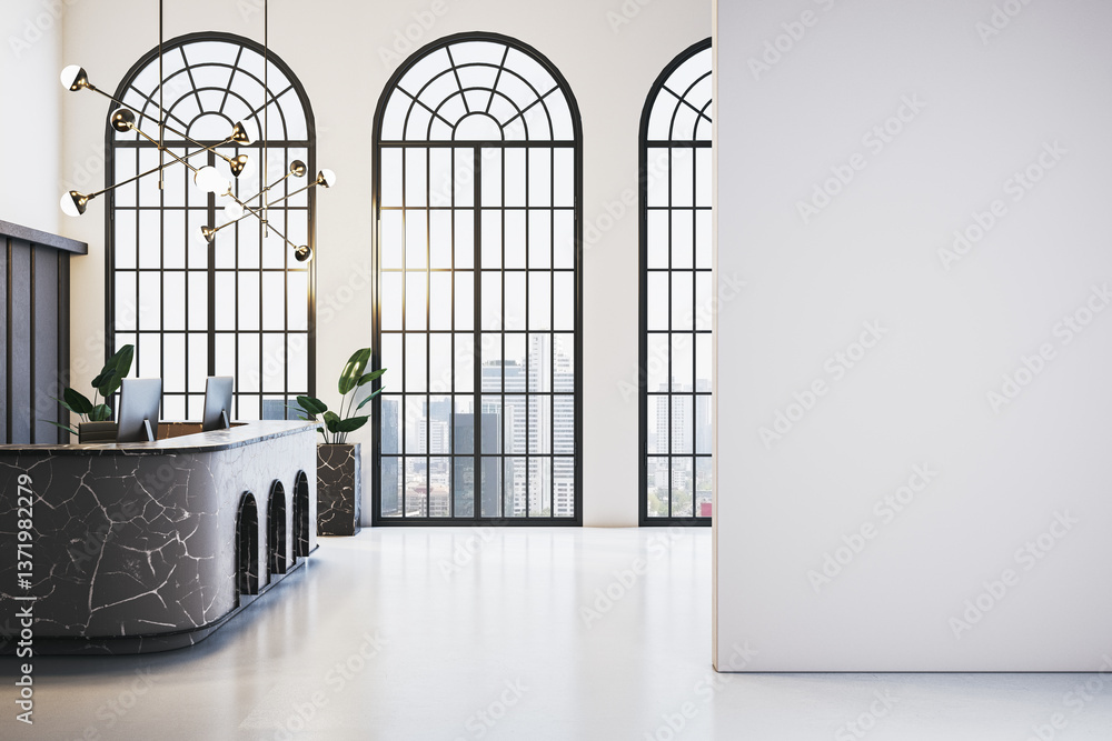 Poster modern reception area with marble desk and large arched windows. 3d rendering