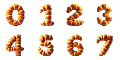 Croissant number pastry concept 0 to 7 : Realistic croissant numbers 0, 1, 2, 3, 4, 5, 6, and 7 shaped as baked pastries on white background