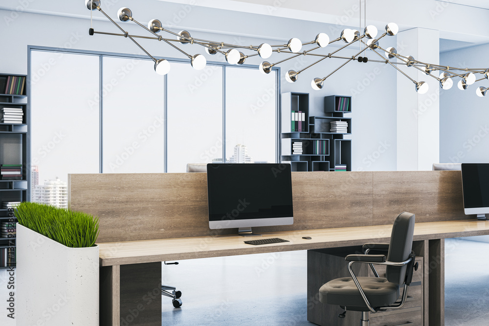 Poster Modern office interior with shared workspace and large windows. 3D Rendering