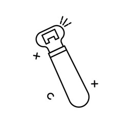 The image shows a cartoon illustration of a bottle opener. The bottle opener has a red handle with a yellow band near the top