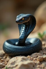 Fototapeta premium A Majestic Black Cobra in a Defensive Posture, Its Scales Gleaming Under the Sun's Rays, Resting on a Sandy Ground