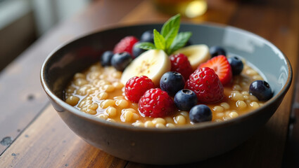 Delicious bowl of fruit and pasta with berries and mint  