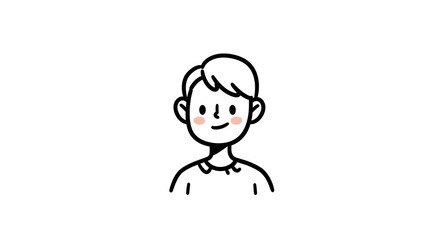 Simple line art illustration of a smiling character with short hair and rosy cheeks.