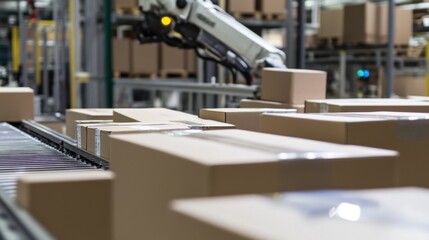 Robotic arm packaging consumer electronics in a high tech factory, high-tech robotic arm sorting and packaging smartphones and gadgets in a production line, High-tech style