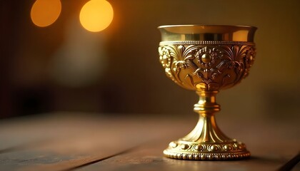 A close-up shot features a golden chalice, intricately decorated with ornate patterns and designs, set against a blurred background