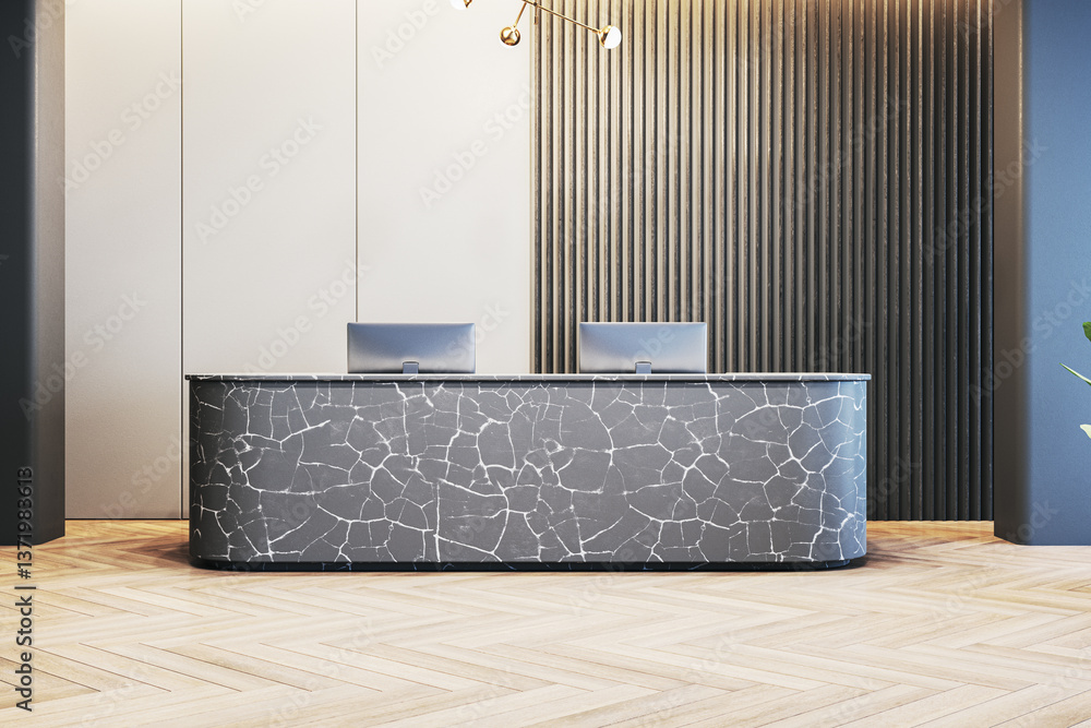Aufkleber Modern reception desk in stylish office lobby with marble texture and wood elements. 3D Rendering