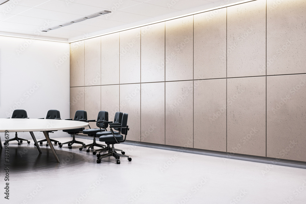 Poster modern empty corporate conference room interior with round table and office chairs under soft ceilin