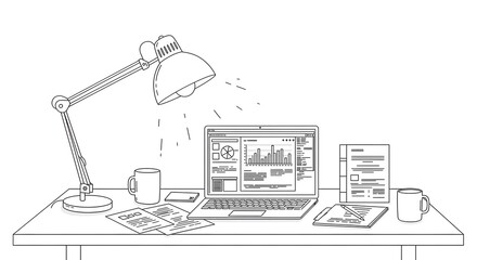Line art illustration of a workspace with a laptop, desk lamp, coffee mug, and documents.