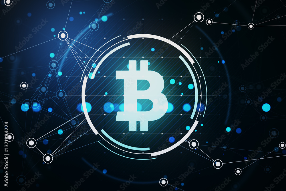 Poster Bitcoin digital icon with blockchain network connections on dark background. 3D Rendering