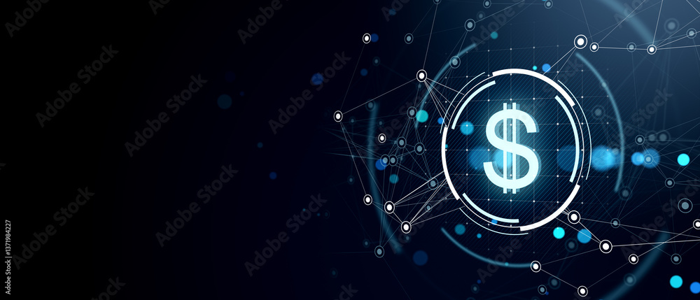 Poster digital dollar sign with network connections on dark neon blue background. 3d rendering