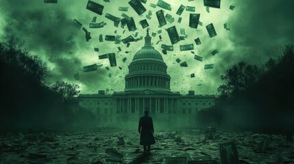 Political Crisis  Falling Money, Capitol Building, Gloomy Scene.  Possible use  Editorial