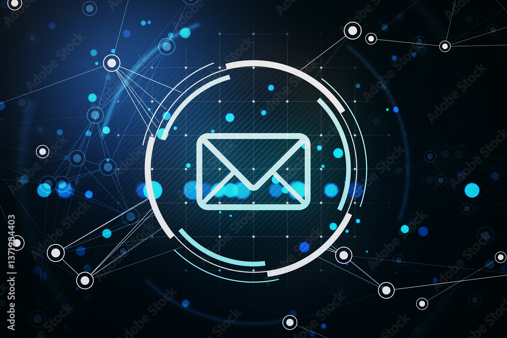 Poster digital email icon with glowing holographic effect on dark cyber background. 3d rendering