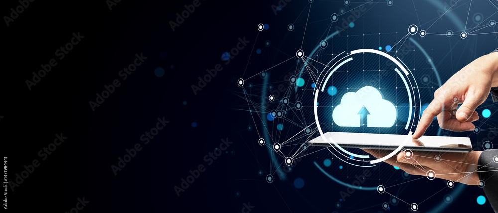 Poster Cloud computing technology with digital network on tablet.