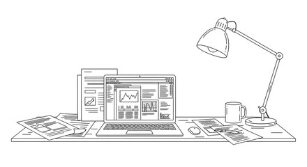 Line art illustration of a workspace with a laptop, desk lamp, coffee mug, and documents.