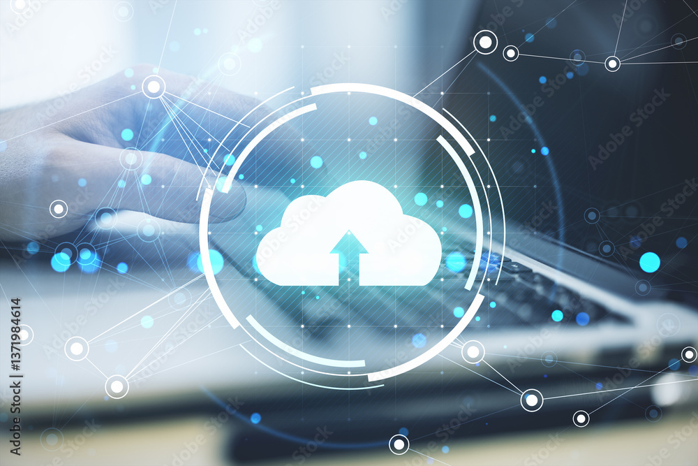Poster Cloud computing symbol with digital connections on abstract blue background.