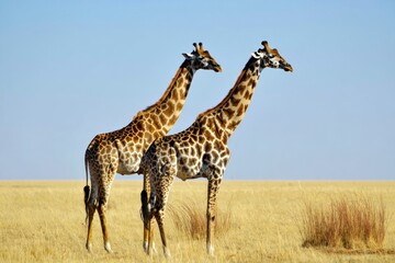 Obraz premium Two giraffes standing in a grassy field with a blue sky in the background