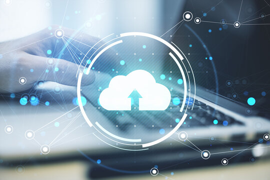 Cloud computing symbol with digital connections on abstract blue background.