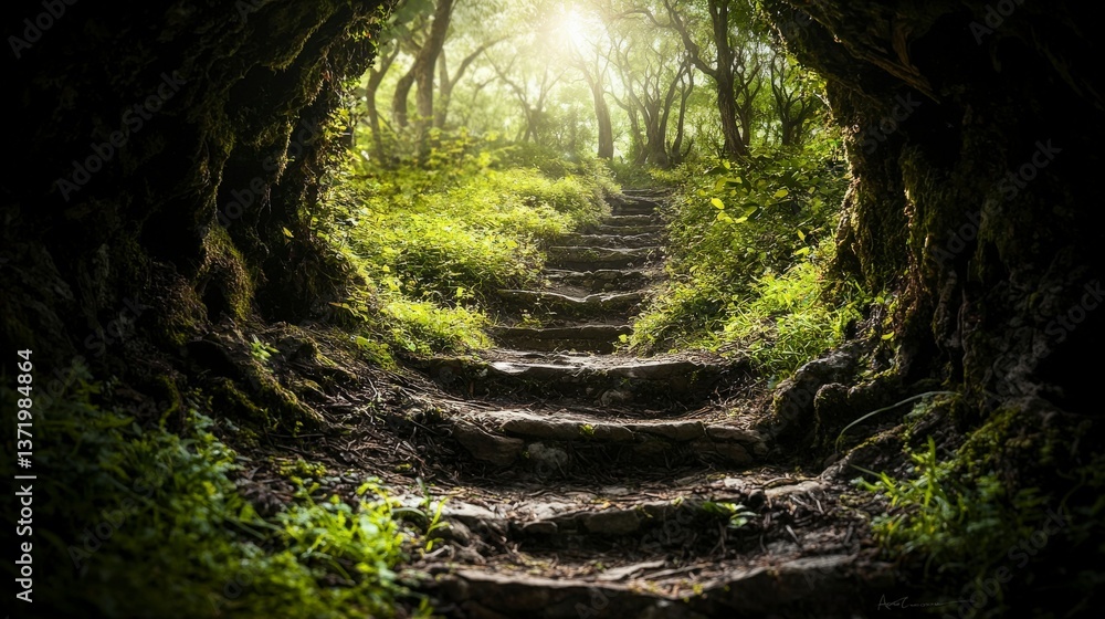 Poster exploring scenic walking paths in a lush forest nature photography tranquil environment sunlit viewp