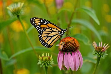 Fototapeta premium A butterfly and a bee on a flower in a field