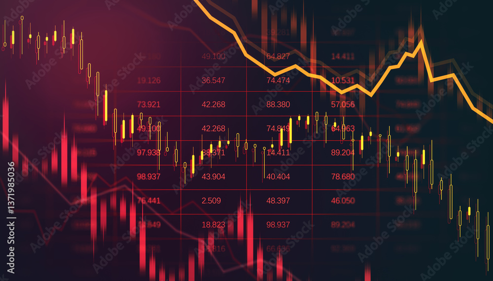 Poster Abstract financial chart showing downward trend with red and yellow candlestick graph on dark background illustrating stock market crash concept. 3D Rendering