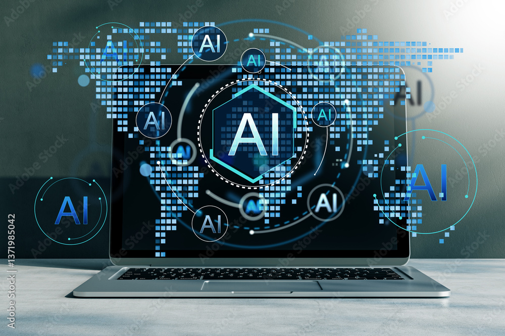 Aufkleber Futuristic AI digital network interface displayed on a laptop screen with blue neon holographic elements and abstract cyber technology design. 3D Rendering