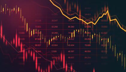 Abstract financial chart showing downward trend with red and yellow candlestick graph on dark background illustrating stock market crash concept. 3D Rendering