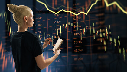 Businesswoman analyzing financial chart with falling stock prices on dark background representing global market downturn and economic crisis.