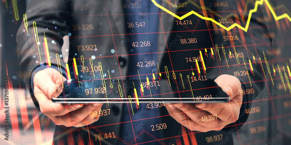 Poster businessman using digital tablet with falling stock chart and financial data overlay on light abstra