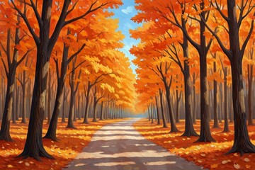 A painting of a road in the middle of a forest