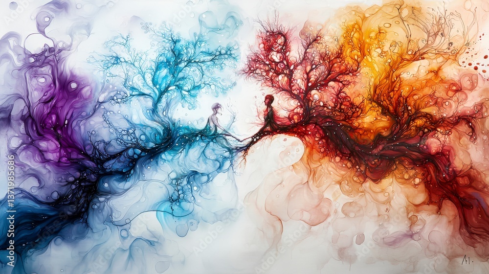 Poster duality of emotions abstract tree artwork depicting connection and separation artistic environment c