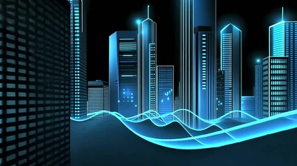 Futuristic city skyline illuminated at night with glowing blue lines, showcasing advanced technology and urban life - Powered by Adobe