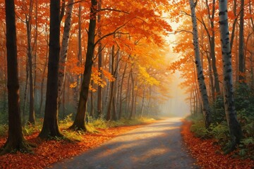 Obraz premium A painting of a road in the middle of a forest