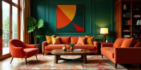 A Vibrant Living Room with an Orange Sofa, Warm Lighting, and Abstract Artwork