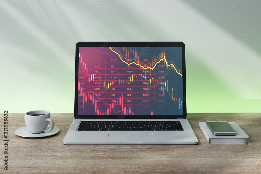 Poster laptop displaying downward red stock chart on wooden desk with coffee and smartphone, symbolizing fi