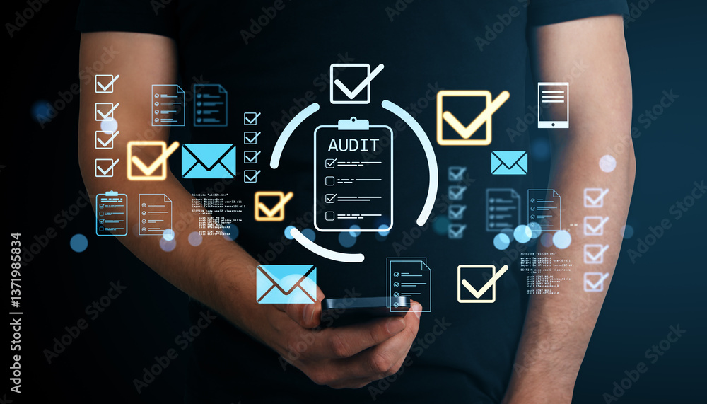 Poster Businessperson using smartphone with floating audit icons, checkmarks, and digital symbols representing validation and tax software concept.