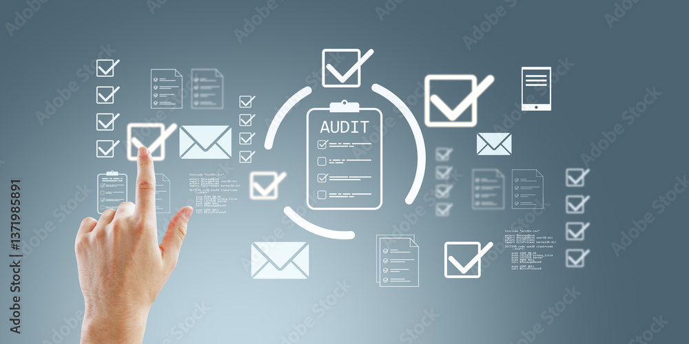 Aufkleber Hand touching digital audit checklist icons on transparent interface with abstract business symbols on blue background conceptually representing review process.