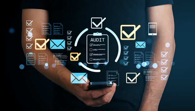 Businessperson using smartphone with floating audit icons, checkmarks, and digital symbols representing validation and tax software concept.