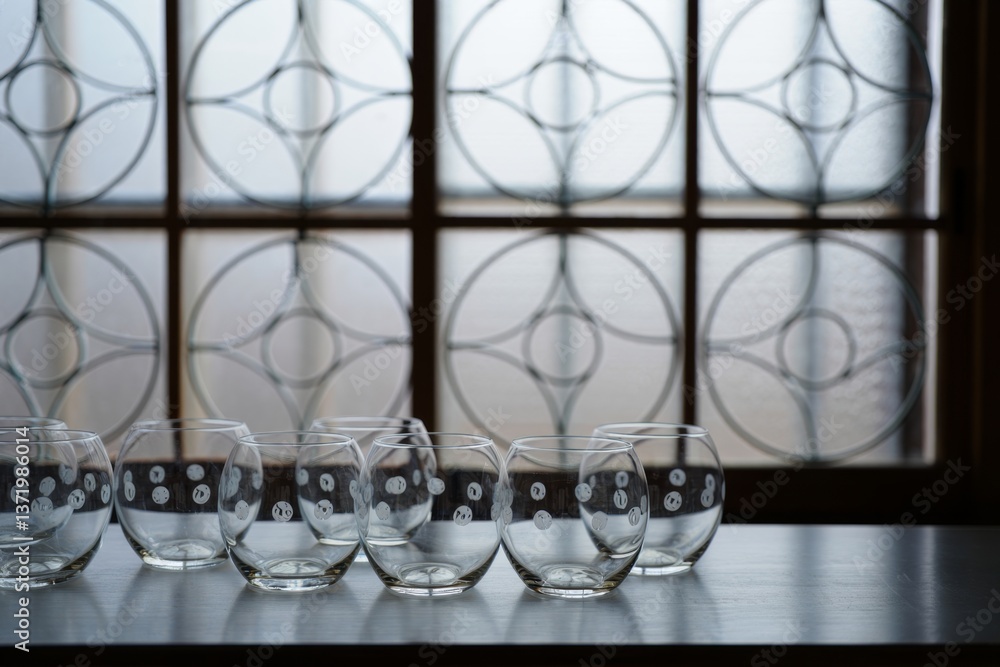 Poster a row of empty glasses sitting on top of a table