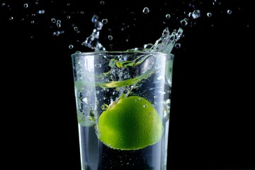 A lime splashing into a glass of water