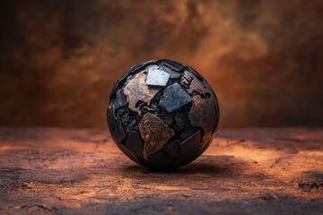 Naklejka premium A metallic globe showing world continents over a textured surface