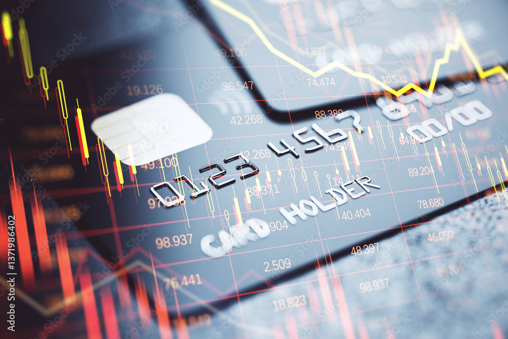 Poster credit and debit cards with financial graph overlay symbolizing banking crisis and digital finance b