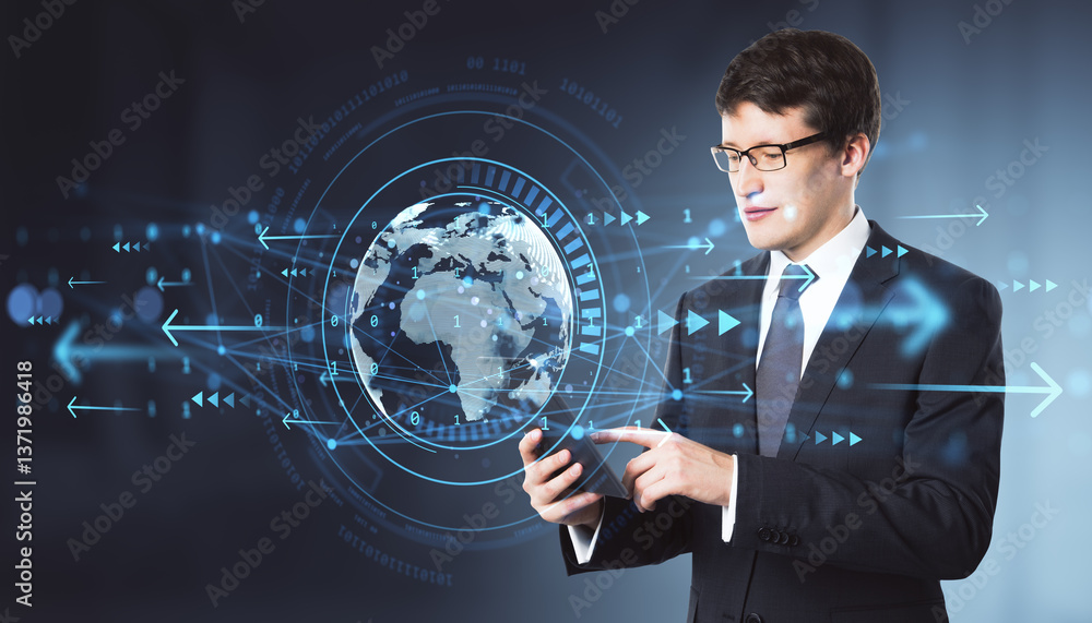 Aufkleber Businessman using smartphone with digital world map hologram and data symbols on dark background in futuristic technology concept.