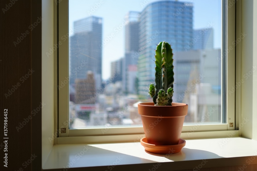 Poster a potted cactus sitting on a window sill in front of a window